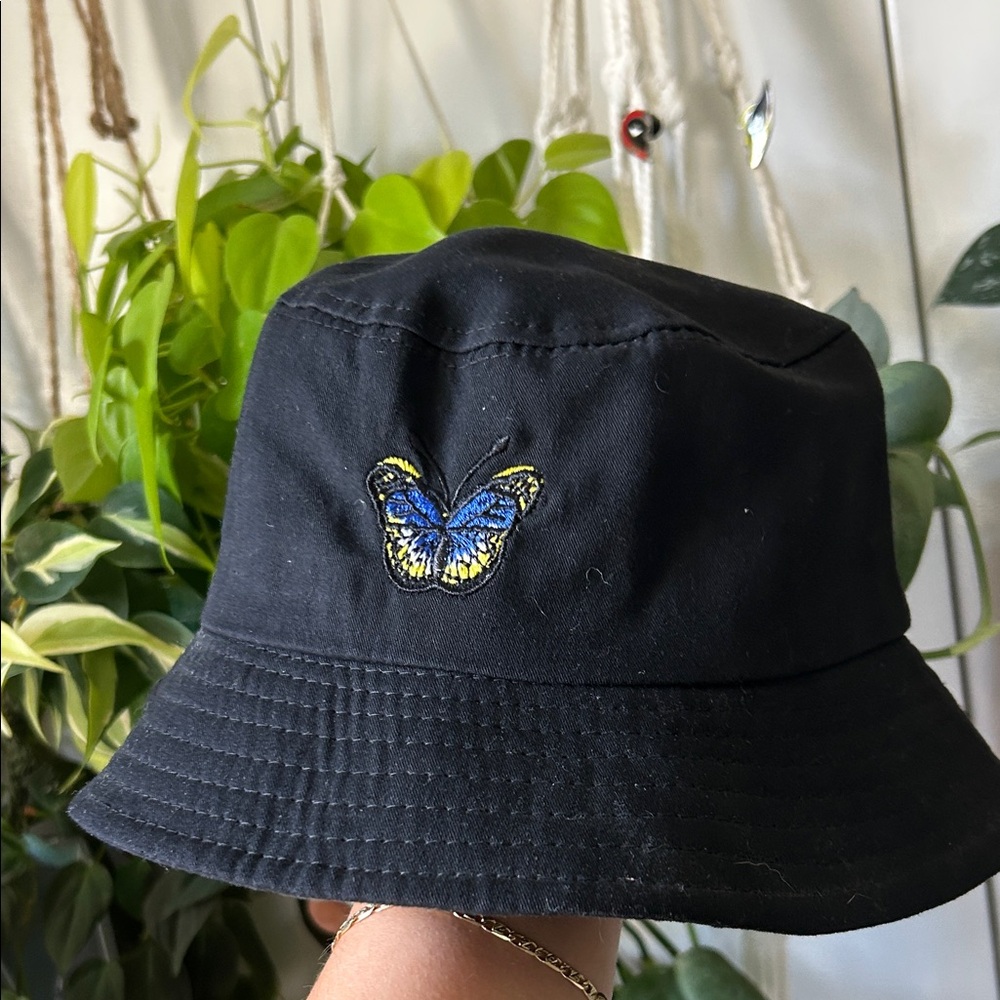 Black Bucket Hat with Blue Butterfly Embroidery